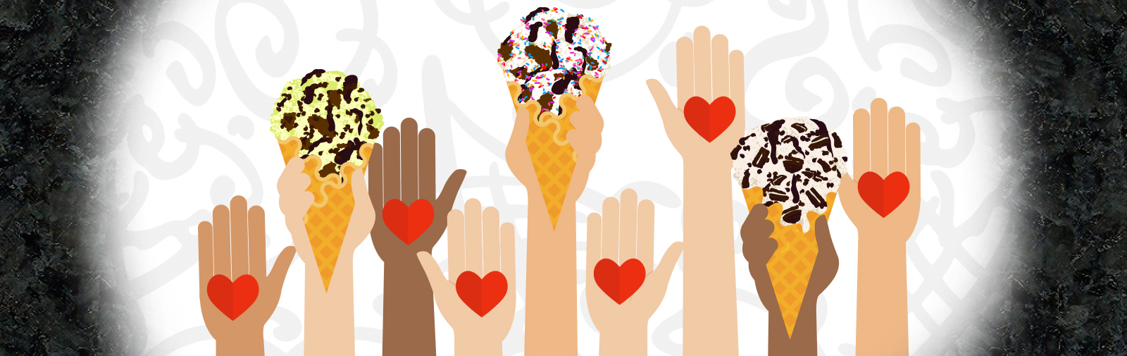 Decorative Illustration of hands holding hearts and waffle cones filled with ice cream